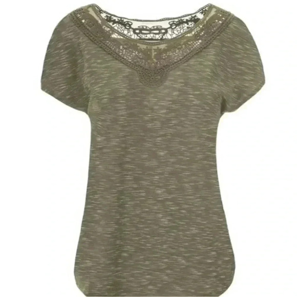 Ricki’s Cap Sleeve T-Shirt Crochet Trim Top Khaki Green Space Dye Small - Picture 14 of 14
